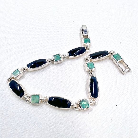 Jewelry - Light & Dark Green Enameled Shiny Silver Tone 7” Bracelet